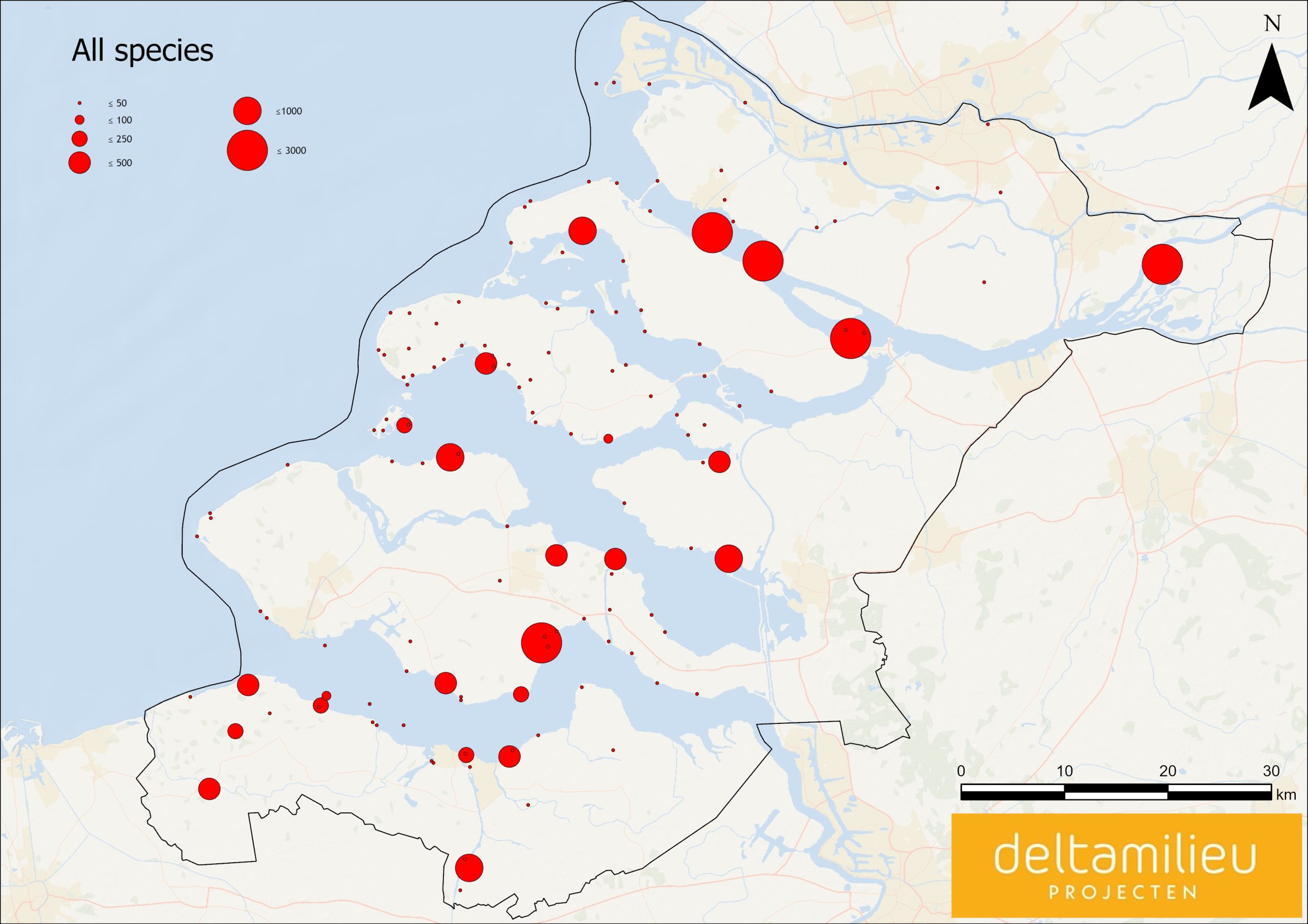 Overview of locations where dead birds were found in the Dutch Delta in the period between February and
